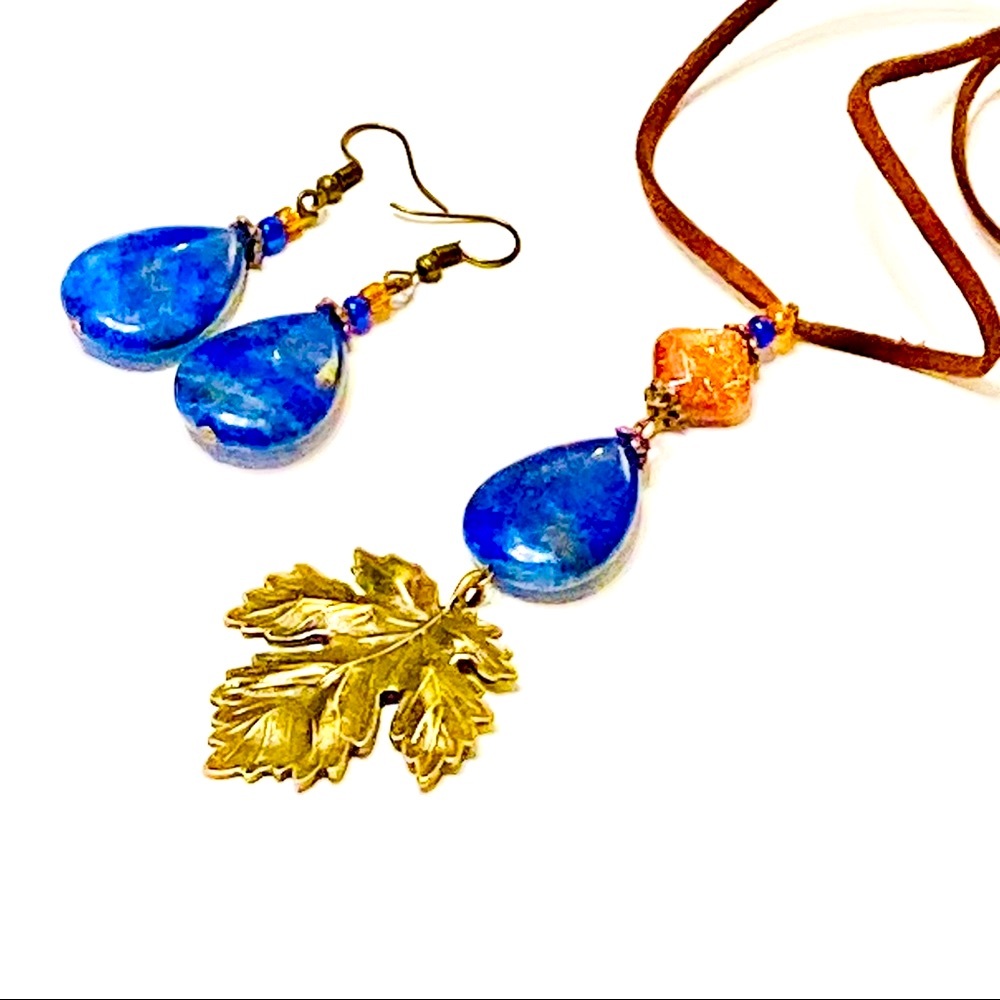 Bohemian LAPIS LAZULI Stone Earrings & Necklace w/ Sculpted Bronze Maple Leaf - Picture 3 of 14